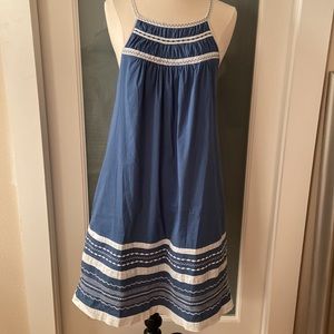 BCBGMaxAzria Blue Lined Halter Dress with Pockets & Embroidered Trim